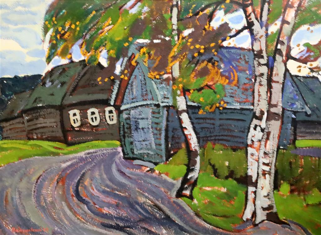 Yuri Matushevski (Russian, 1930-1999) Birch trees and daccas in summer 19 x 27in.